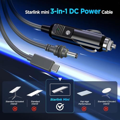 Cabo para Starlink Mini 3 em 1 para Carro – Carregador Veicular 12V/24V USB-C DC Tipo C, 100W, Vedação Original, Compatível com Power Bank e Antena