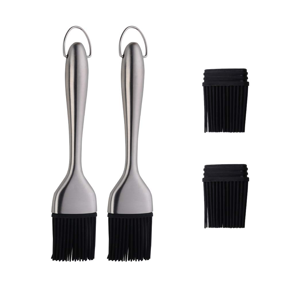 2 Pack Basting Brush with 2 Pack Back Up Silicone Brush Heads, No Shed Bristles Stainless Steel Handles Heatproof Rust Resistant, Pastry Brushes for Kitchen Cooking BBQ, Dishwasher Safe Silver