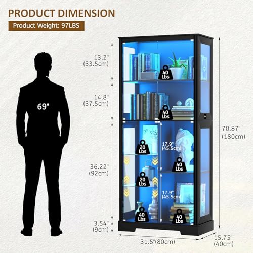 180 cm Display Cabinet with Glass Doors, Modern Curio Cabinet with 3 Color Lights, 7-Tiers Glass Display Cases for Collectibles, Tall Lego Storage Cabinet with Human Body Sensor (Black)
