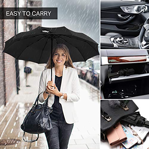 Wsky Windproof Umbrella for Travel, New Updated Comfortable Square Handle, 10 Reinforced Fiberglass Ribs with Teflon Canopy, Auto Open & Close-Black