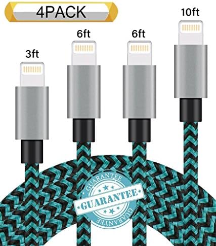 DANTENG iPhone Cable 4 Pack 3ft 6ft 6ft 10ft Nylon Braided Certified Lightning to USB iPhone Charger Cord for iPhone X 8 7 Plus 6S 6 SE 5S 5C 5, iPad 2 3 4 Mini Air Pro, iPod Nano 7 (Green Black)