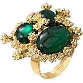 Vintage Oval Round Stone Statement Ring for Women Gold Plated Elegant Colorful Birthstone Flower Beaded Adjustable Open Wrap Finger Rings Comfort Fit Antique Art Deco Jewelry