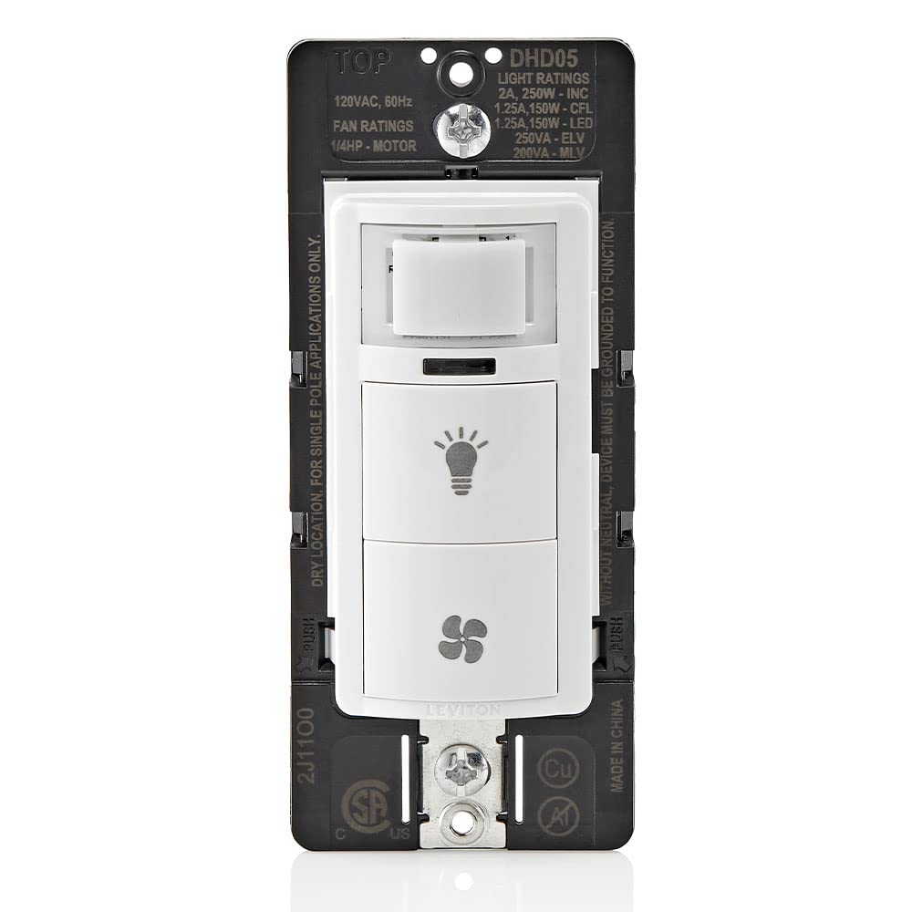 Photo 1 of Leviton Dual Combination Humidity Sensor with Separate Light Switch, Automate Bathroom Exhaust Fan, Air Circulation, Moisture Control, Single Pole/Single Pole, ¼ HP, DHD05-1LW, White