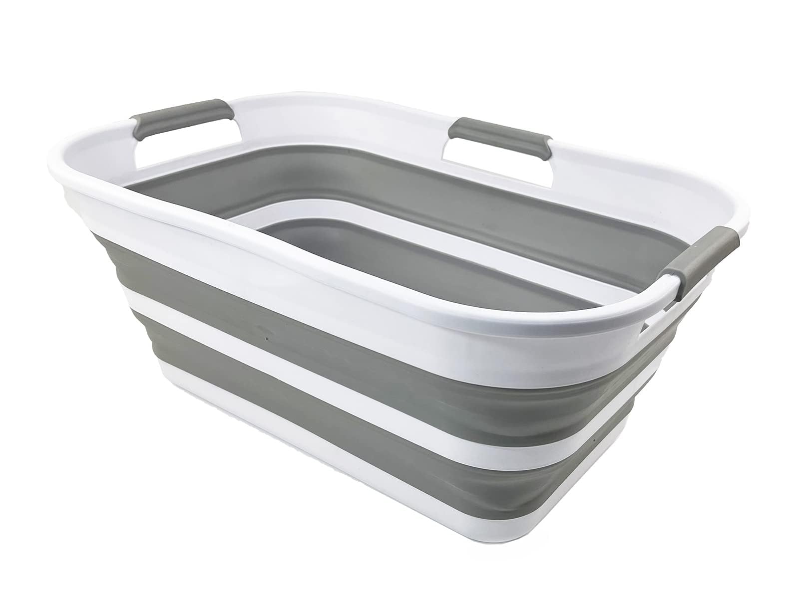 SAMMART 21L Collapsible Plastic Storge Basket - Foldable Pop Up Storage Container/Organizer - Portable Washing Tub - Space Saving Hamper/Basket (White/Grey)