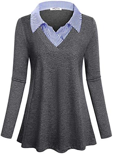 Women's Long Sleeve Contrast Collar Shirt A-line Pleated Office Tunic