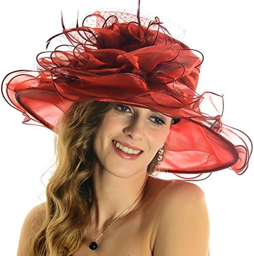 Women Floral Wide Brim Church Derby Kentucky Dress Hat (4 Colors) (S042-Claret)