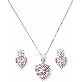 Pink Heart Necklace and Earrings Set for Women, Sparkling Silver-Tone Heart-Shaped Crystal Jewelry, Elegant Gift Set