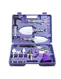 JUMPHIGH Juego de herramientas de jardín, 10 piezas, con estampado floral morado, mango ergonómico, rastrillo de rastrillo, tijeras, pulverizador, herramientas de mano de jardín con estuche de transporte, regalos de jardinería para mujeres