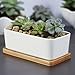 Mkono 6.5-Inch Rectangular Succulent Plant Pot with Bamboo Tray Creamic Cactus Planter Modern Window Box with Drainage Hole, White