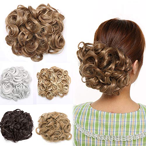 Messy Curly Combs Hair Bun Extensions Easy Stretch Hair Dish Chignon Clip in Updo Hairpiece Ponytail Scrunchy Accessory for Women 95g Light Brown Mix Golden Blonde