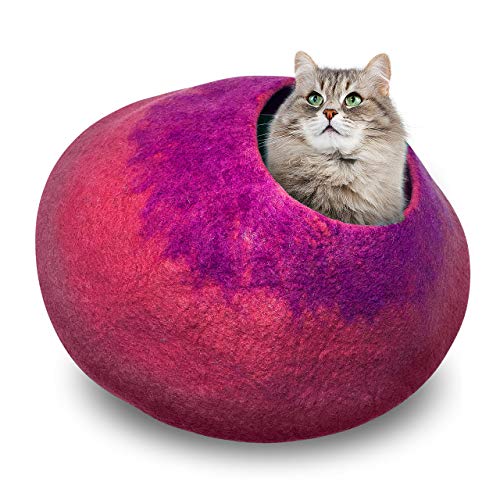 Juccini Handcrafted Felted Wool Cat Cave Bed for Cat and Kittens – Felted from 100% Natural Wool (Pink Cave, Medium)