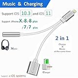 Lightning to 3.5mm Aux Headphone Jack Audio Adapter for iphone 7 / 8 / X / 7 plus / 8 plus (Support iOS 10.3, iOS 11), Cone 2 in 1 Lightning Adapter and Charger (Silver)