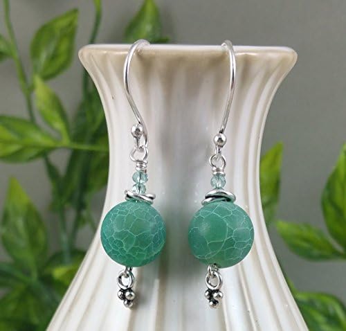 Sea Green Matte Crackle Agate Sterling Silver Earrings with Gemstones Crystals
