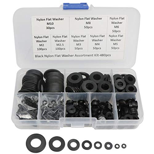 480 Pcs Nylon Flat Washer Assortment Kit for M2 M2.5 M3 M4 M5 M6 M8 M10 Screw Bolt-Black