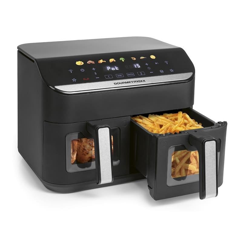 GOURMETmaxx AirGenius Heißluftfritteuse, 9 L - 2 x 4,5 L Airfryer | Fritteuse mit 8 Programmen | Heißluftfritteuse 2 Kammern - 2 Speisen gleichzeitig,