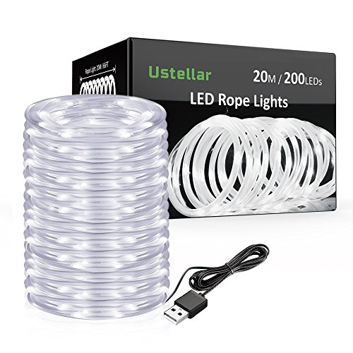 Ustellar 66ft 200 LED Rope Lights, IP65 Waterproof USB 5V String Lights, Outdoor Fairy Lighting for DIY Wedding, Party, Garden, Yard, Corridor, Christmas Decorations, Cool White