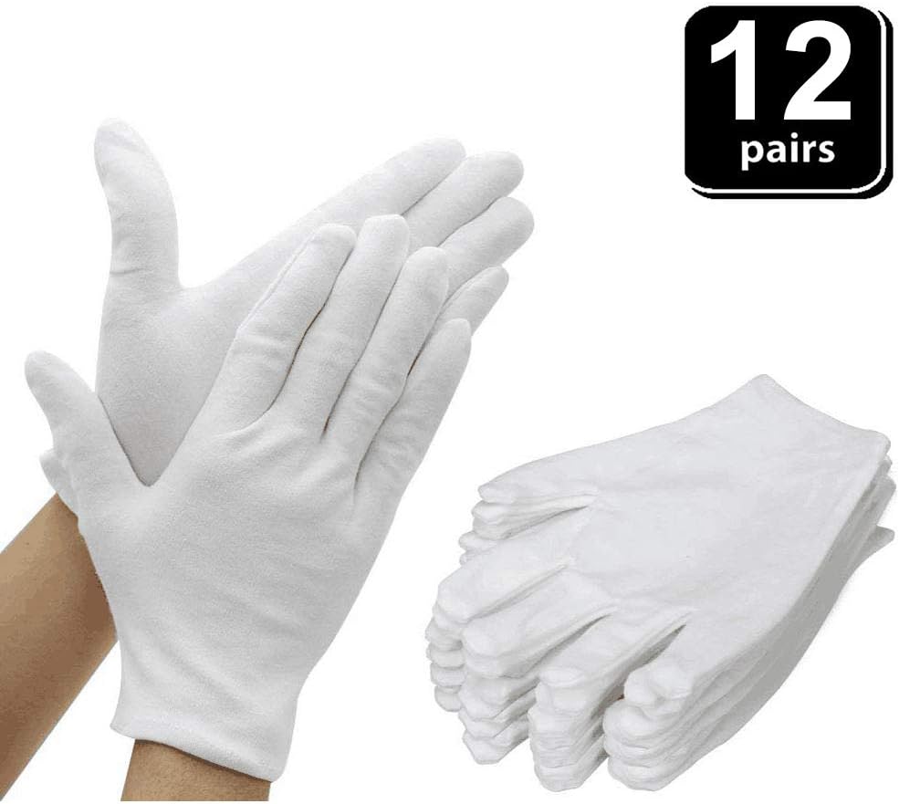 White Cotton Medical Gloves, 12 Pairs Soft Cotton Safety Work Gloves for Coin Jewelry Silver Inspection Eczema Moisturizing Costume Cleaning Magician