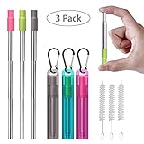 Metal Reusable Collapsible Straws with Silicone Tip, Telescopic Portable Stainless Steel Reusable Straws with Case & Cleaning Brush, Keychain Drinking Straw for Travel, School, Picnic 3 Pack