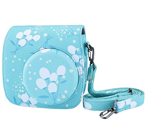 CozyCabin Fujifilm Instax Mini 8 Mini 9 Camera Case Classic Vintage PU Leather Case Bag with Strap - Blue Lotus