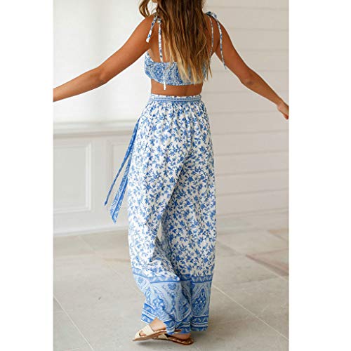 2Piece Womens Boho Casual Outfits Set,Shoulder Tie Floral Print Crop Top Flared Belt Wide Leg Palazzo Pants Suit Blue