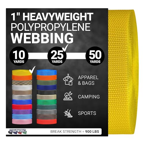 Strapworks Heavyweight Polypropylene Webbing - Heavy Duty Poly Strapping for Outdoor DIY Gear Repair, 1 Inch x 25 Yards - Yellow