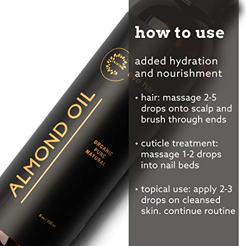 Eve Hansen Organic Sweet Almond Oil For Skin | (8 oz) Hair Growth Oil, Body Oil for Dry Skin, Carrier Oil for Essential Oils | Massage Oil, Organic Face Moisturizer for Skin, Hair Oil and Nail Oil