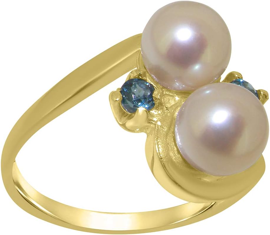 9ct Yellow Gold Cultured Pearl & Natural London Blue Topaz Womens Dress Ring - Sizes J to Z Available