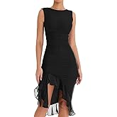 Women's Sexy Sleeveless Sheer Mesh Ruched Midi Bodycon Dress Frill Hem Cocktail Party Formal Dresses