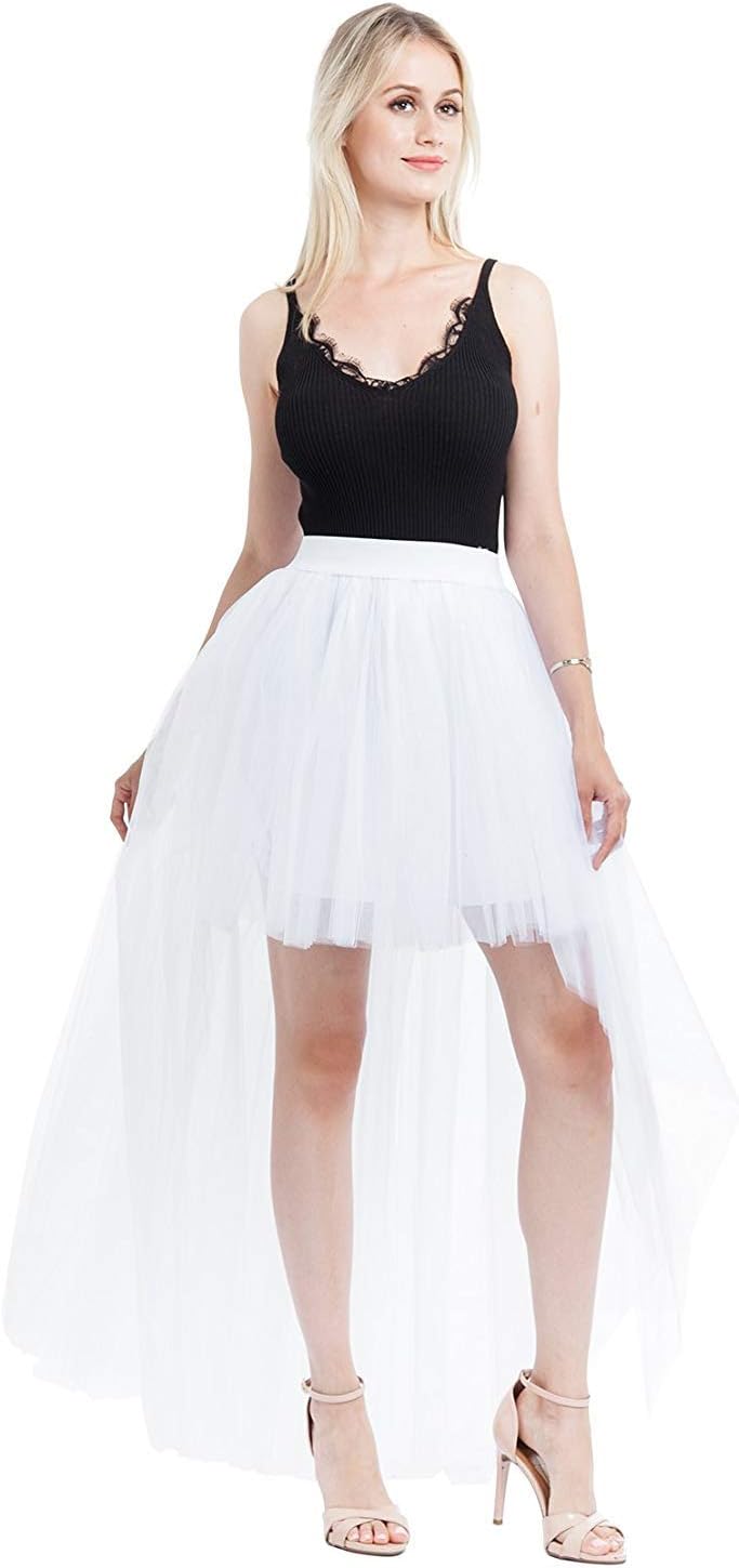 Sexy Women's Mesh 4 Layers Overlay Long Tulle Skirt Floor Length Wedding Party Tutu Skirt Party Train Overskirt (YWQWhite)