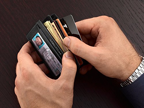 Compact RFID Card Sleeve Wallet Premium Leather Money Clip Card Holder for Up to 10 Cards