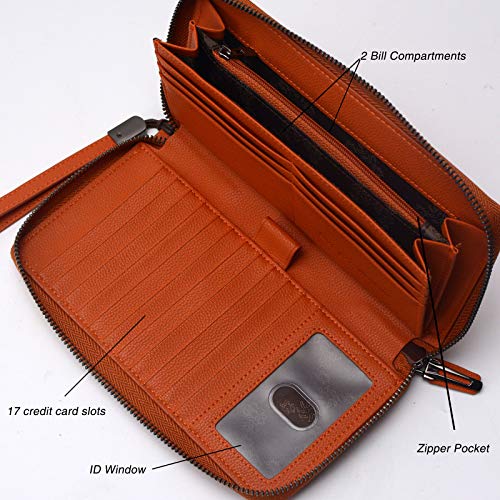 Women RFID Blocking Wallet Leather Zip Around Phone Clutch Large Travel Purse Wristlet (Orange Red) - Thumbnail 3