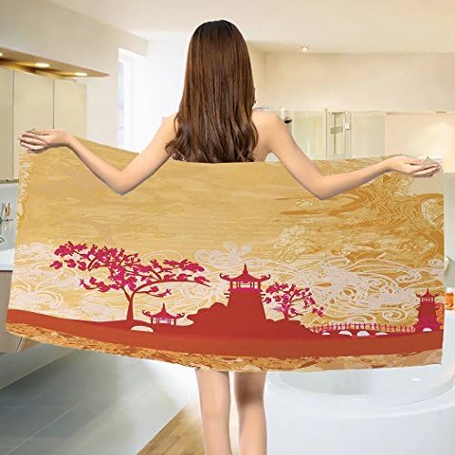 Asian Bath towel Temple in Floral Environment with Other Ethnic Asian Religion Elements Print Cotton Beach Towel Persian Orange Pink (55"x28")
