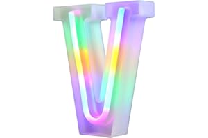 WARMTHOU Neon Letter Lights 26 Alphabet Letter Bar Sign Letter Signs for Wedding Christmas Birthday Partty Supplies,USB/Battery Powered Light Up Letters for Home Decoration-Colourful V