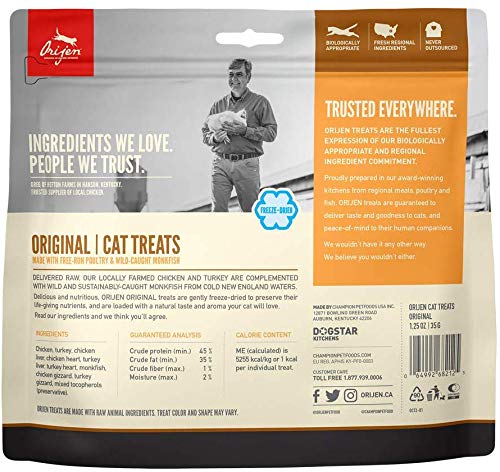 ORIJEN FREEZE DRIED CAT TREATS GRAIN FREE HIGH PROTEIN RAW ANIMAL INGREDIENTS ORIGINAL 1.25OZ BAG