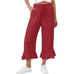 HYYGOCCTV Women's Casual Elastic Waist Cropped Pants with Ruffle Hem Loose Fit Linen Blend Trousers with Pockets