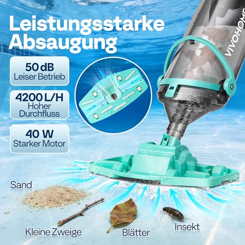 VIVOHOME 213 cm Wireless Pool Vacuum Cleaner Extraction up to 70 LPM Portable Pool Cleaner with 4 Filter Bags for Pool Hot Tubs Swimming Pool and Spa