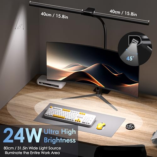 EYOCEAN Desk Lamp, Dual Head Desk Lamp, 24W 80cm with Remote Control, Adjustable Color Temperature, No Glare Dimmerable Monitor Lamp, PC Lamp for Screen