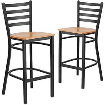 Flash Furniture 2 Pk. HERCULES Series Black Ladder Back Metal Restaurant Barstool - Natural Wood Seat