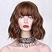 Sué Exquisite Bob Wavy Wig with Bangs Short Auburn Brown Wig for Women Curly Wavy Shoulder Length Bob Synthetic Cosplay Costume Wig Natural Looking