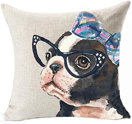 Cartoon Lovely Animal Abstract Oil Painting Adorable Pet Dogs Boston Terrier Wearing Glasses Bow Cotton Linen Throw Pillow Covers Cushion Cover Decorative Home Bedroom Square 18 Inches