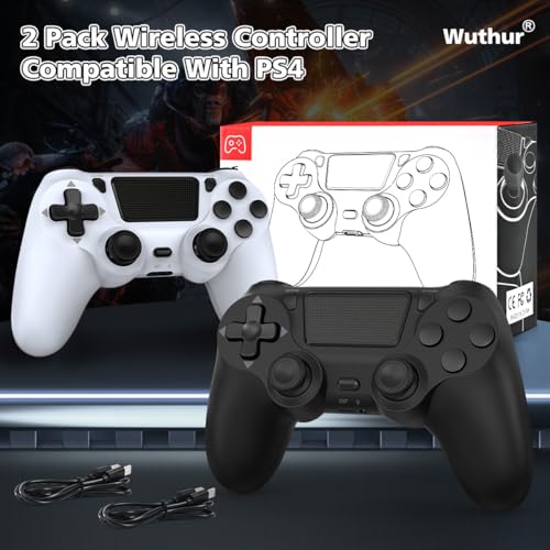 Wuthur 2 Pack Wireless Controller Compatible with PS4 / Pro/Slim (Black & White)