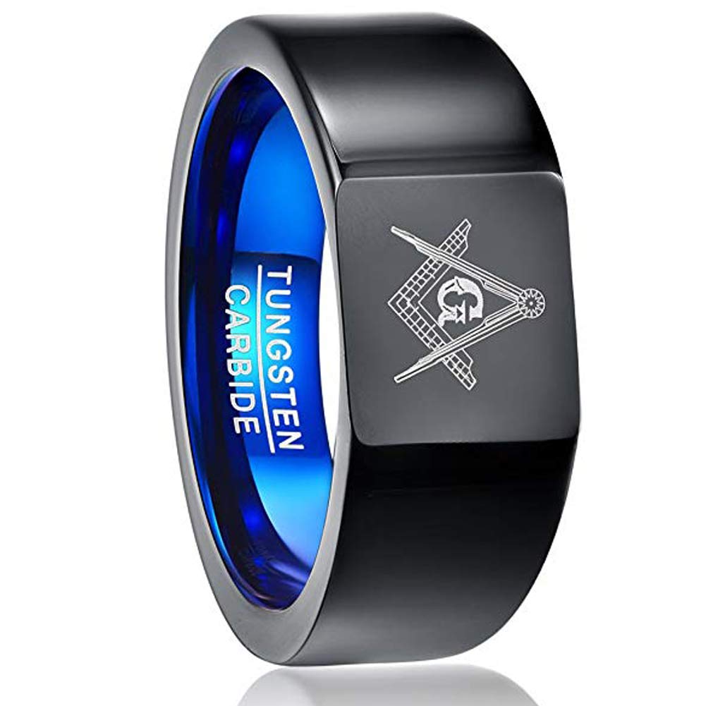 Vakki Anillo masónico de tungsteno símbolo masón negro azul clásico anillo pulido alto tamaño 11