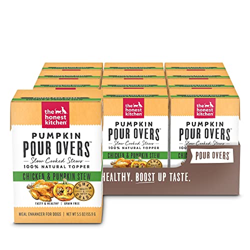 The Honest Kitchen Pumpkin Pour Overs Chicken & Pumpkin Dog Food Topper, Human Grade Wet Meal Enhancer with Pumpkin & Chicken Stew, Adds Flavor & Hydration to Kibble, 12 Pack 5.5 oz