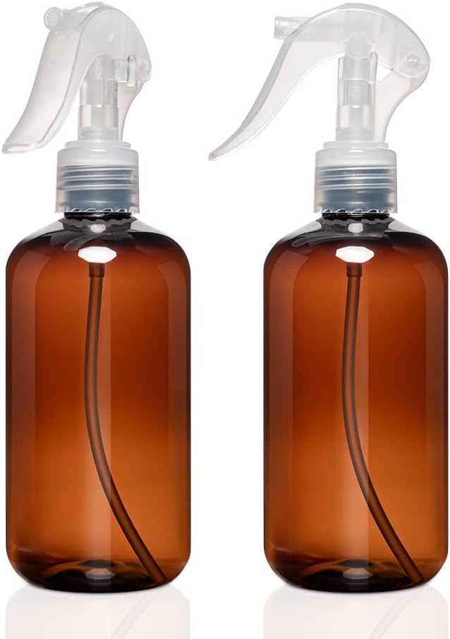 CHUHUAYUAN Empty Dark Amber plastic Spray Bottles (2 Pack)- 8oz BPA Free Leak Proof Refillable container with Buckle for Cleaning resolution, Essential Oils-Durable White Trigger Sprayer