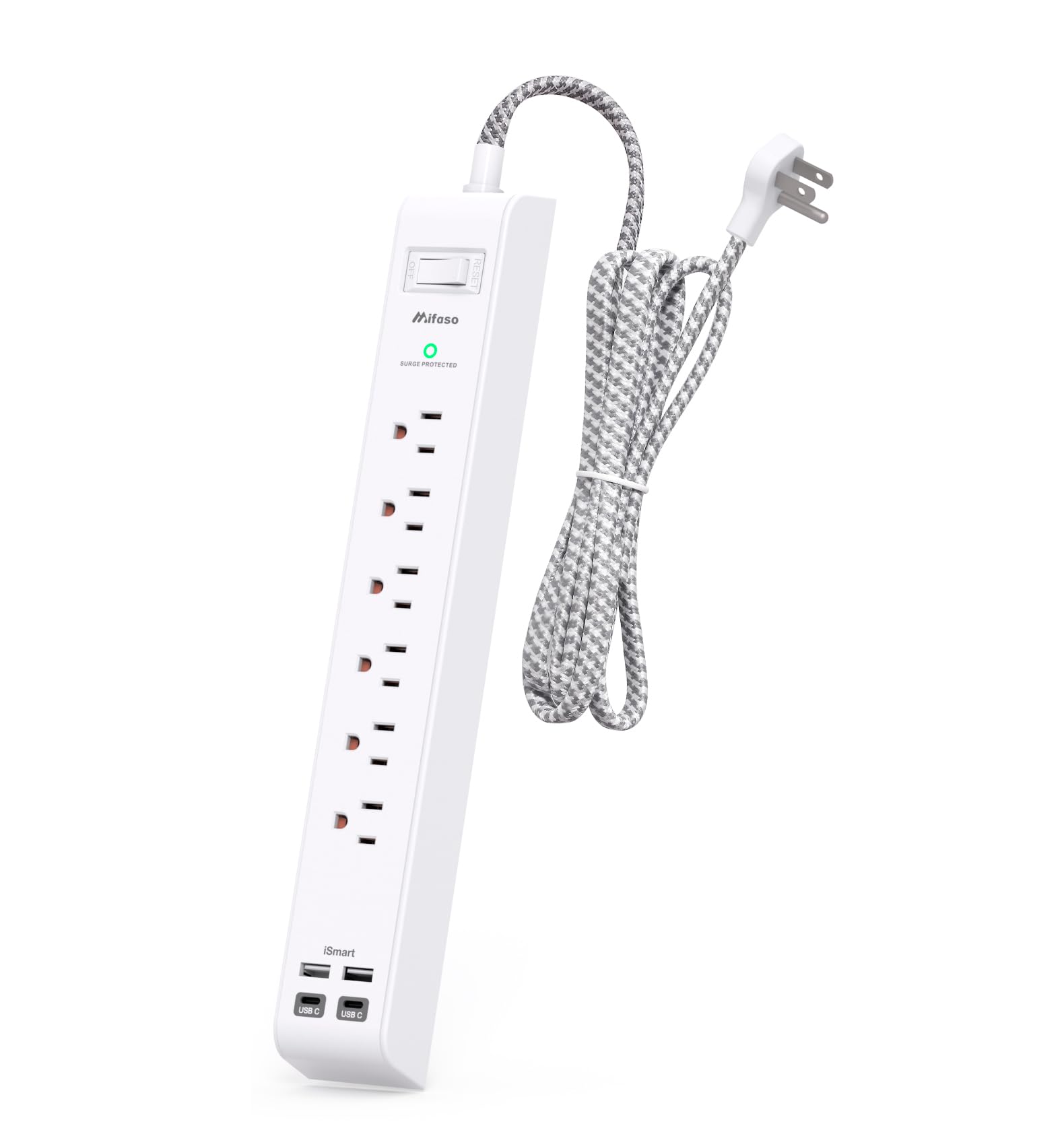 Surge Protector Power Strip 15 ft with 4 USB Ports 2 USB-C 6 AC Outlets, Flat Plug Extension Cord, USB Charging Station, Wall Mountable for Home, Office, Dorm Essentials, 1080J, ETL Listed