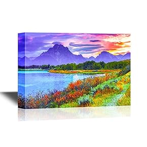 Canvas Wall Art - Amazing Sunset Over Grand Tetons Taken from The Oxbow Bend Turnout - Gallery Wrap Modern Home Art | Ready to Hang - 12x18 inches
