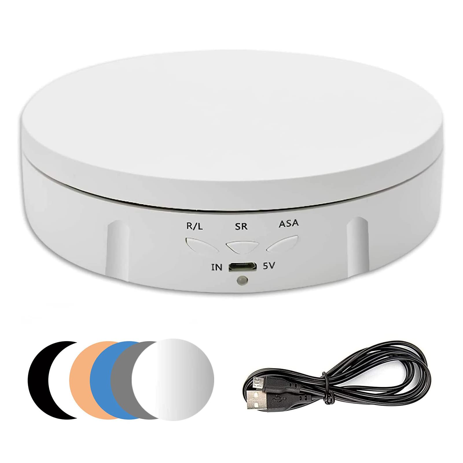 CDIYTOOL Electric Rotating Turntable, 90/180/360 Degree Adjustable Motorized Stand Display Table for Live Video, Automatic Revolving Platform, Jewelry Watch, 6 Backgrounds (White)