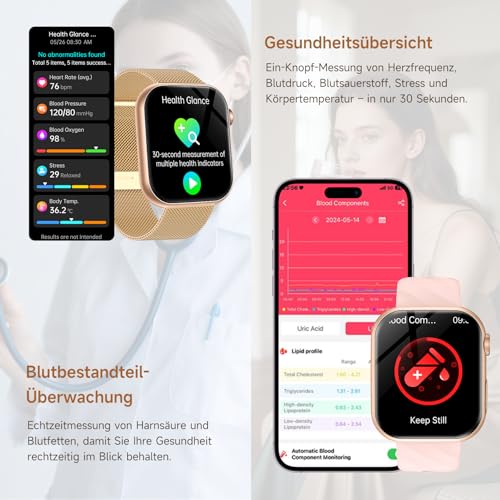2026 Neu Smartwatch Damen mit EKG+HRV/Blutdruck/Menstruationszyklus/BMI 1,97"AMOLED Gesundheitsuhr mit Telefonfunktion 24H Herzfrequenz SpO2 Körpertemperatur, Emotion/Stimmung/Schlafmonitor Fitnessuhr