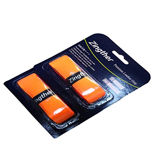 2-Pack of Zingther Tacky Premium Rubbery PU Leather Replacement Grips for Tennis Racket, Badminton Raquet, Racquetball Racquet, Pickleball Paddle Handle, Bat Grip and Squash Racket (Orange, 2 Grips)