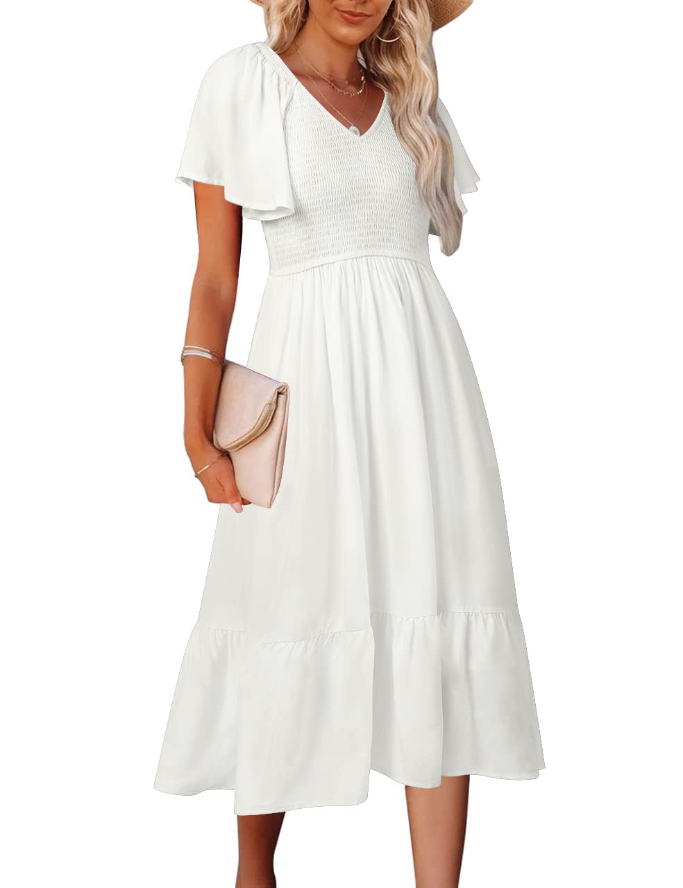 V Neck Ruffle Sleeve Midi Dress
